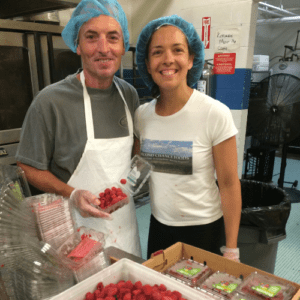 Duchess Outreach helps Alison sort through 34 cases of organic raspberries.