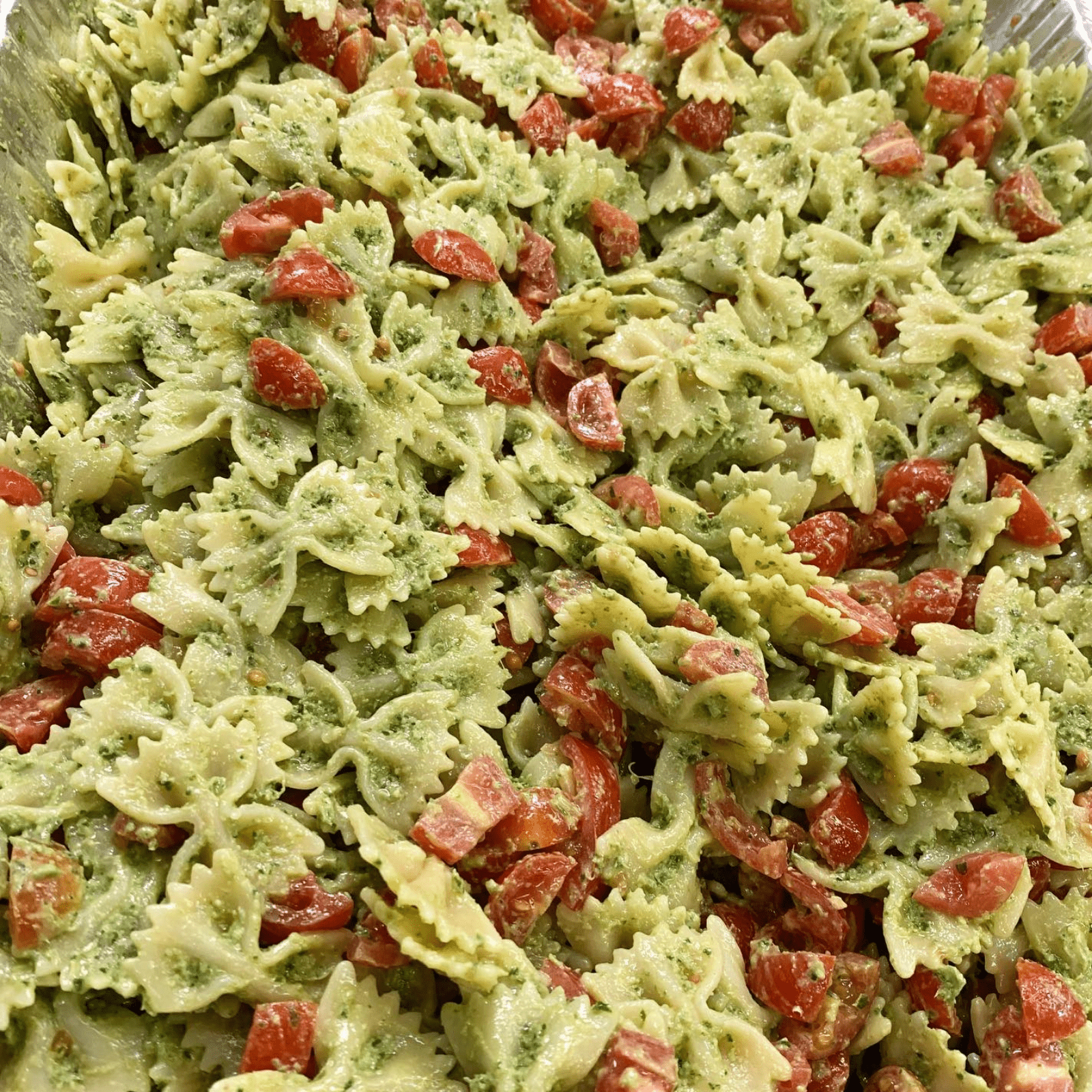 Pasta with fresh pesto and veggies is a favorite!