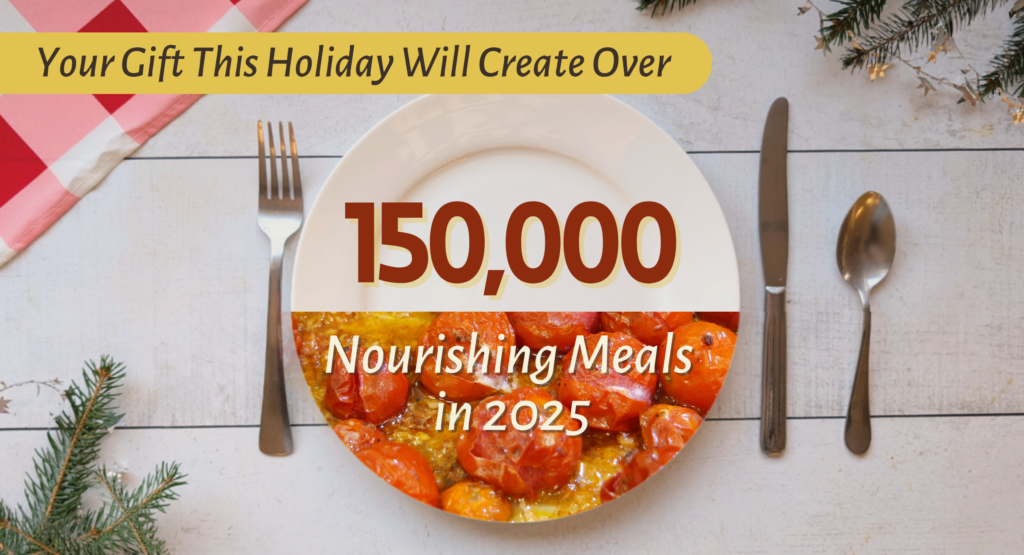 image of white plate partially filled in with photo of food and silverware with text over - your gift this holiday will create over 150,000 nourishing meals.