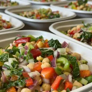 chickpea salad with colorful vegetables and herbs in a compostable to go container.