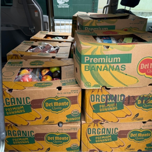 banana boxes filled with assorted food stacked inside a mini van