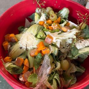 a red bucket filled with compost scraps like onion tops, green peelings, and grape vines